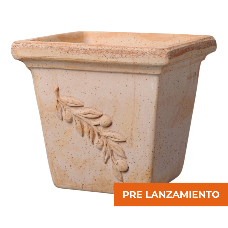 Maceta Cuadrada con Relieve Oliva