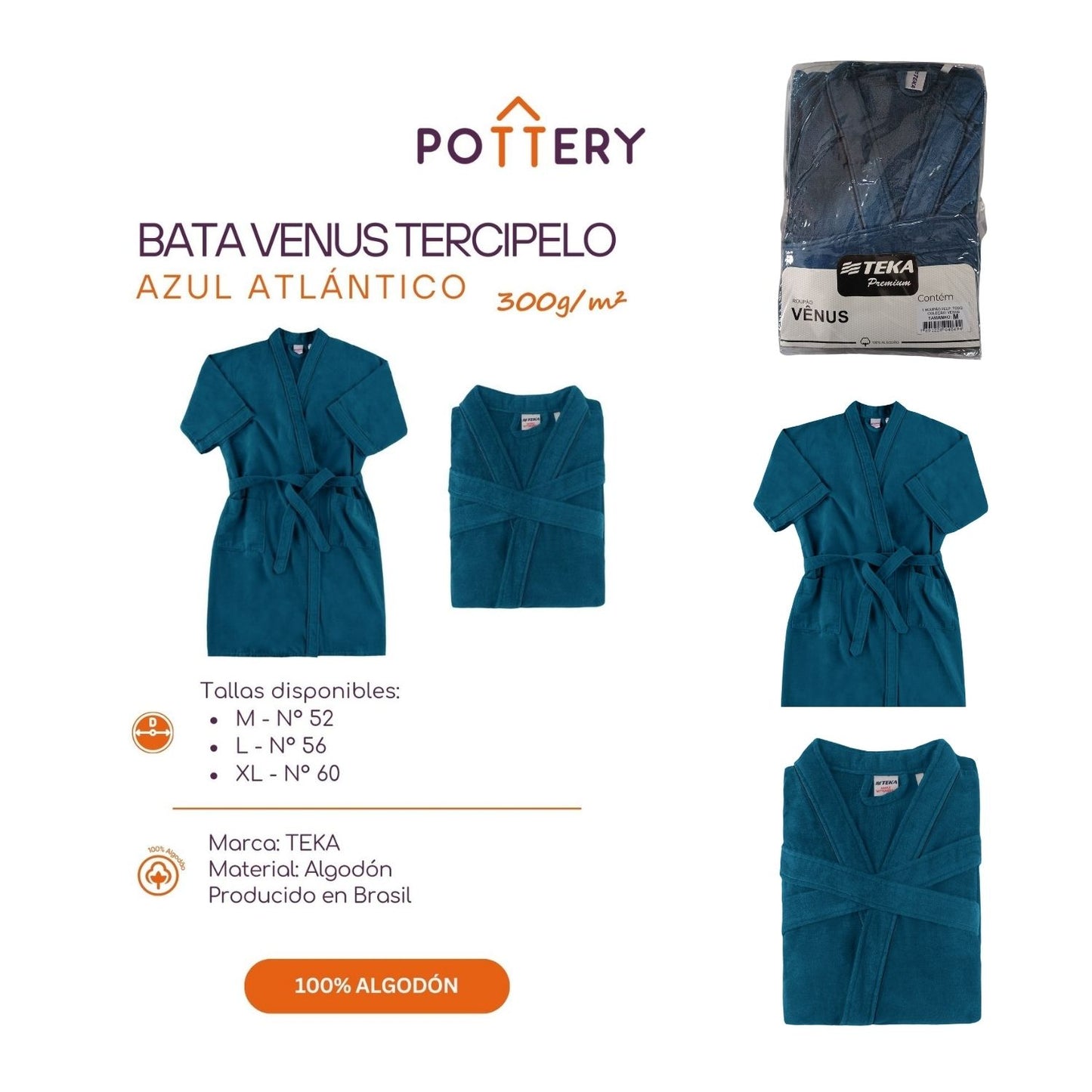 Bata Venus Azul Atlántico Terciopelo - 300g/m² - 100% Algodón