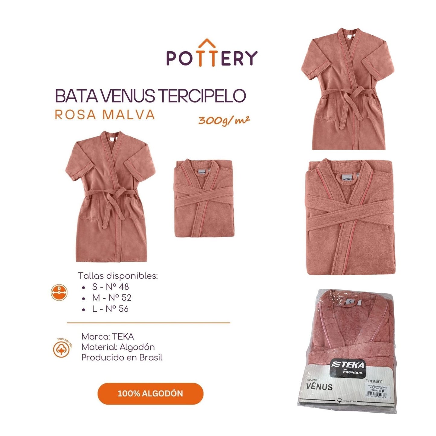 Bata Venus Rosa Malba Terciopelo - 300g/m² - 100% Algodón