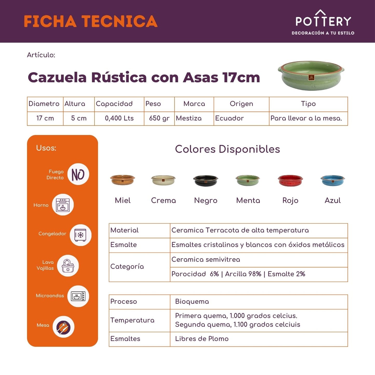Cazuela 17 cm Cerámica Esmaltada