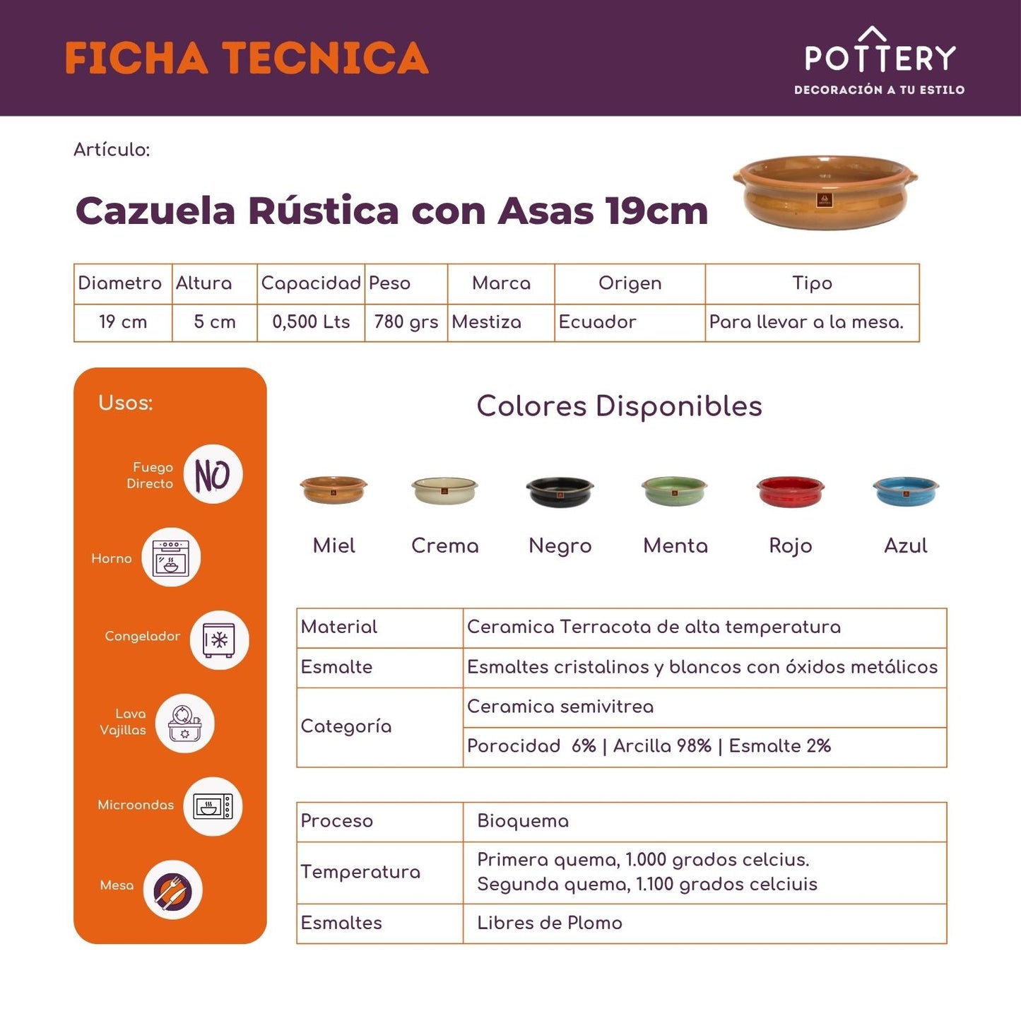 Cazuela 19 cm Cerámica Esmaltada