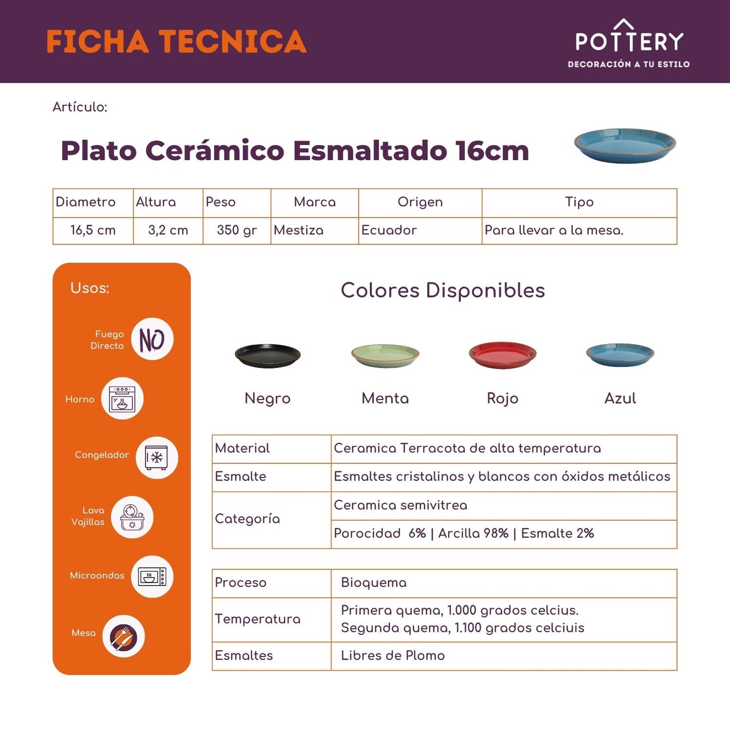 Platos 16 cm Cerámica Esmaltada