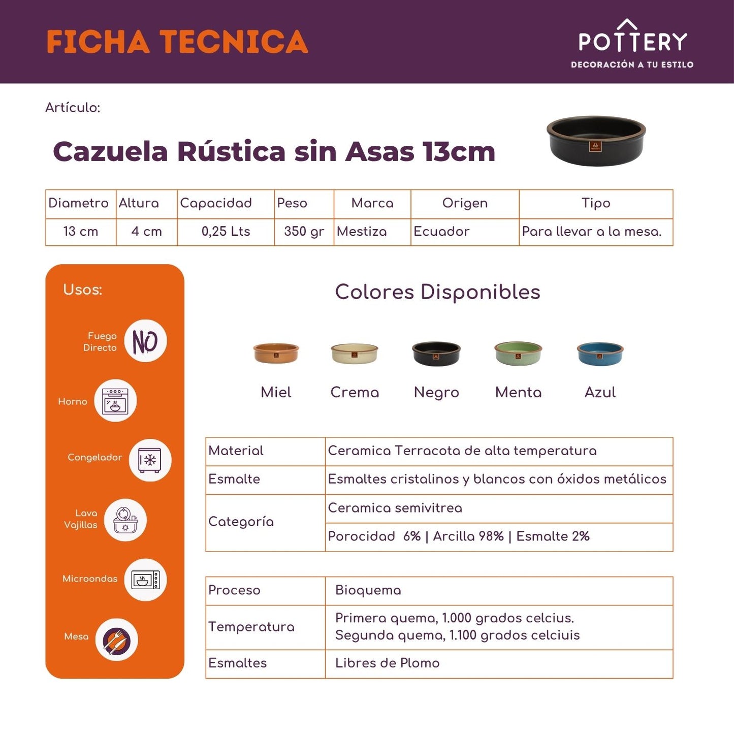 Cazuela 13 cm Cerámica Esmaltada