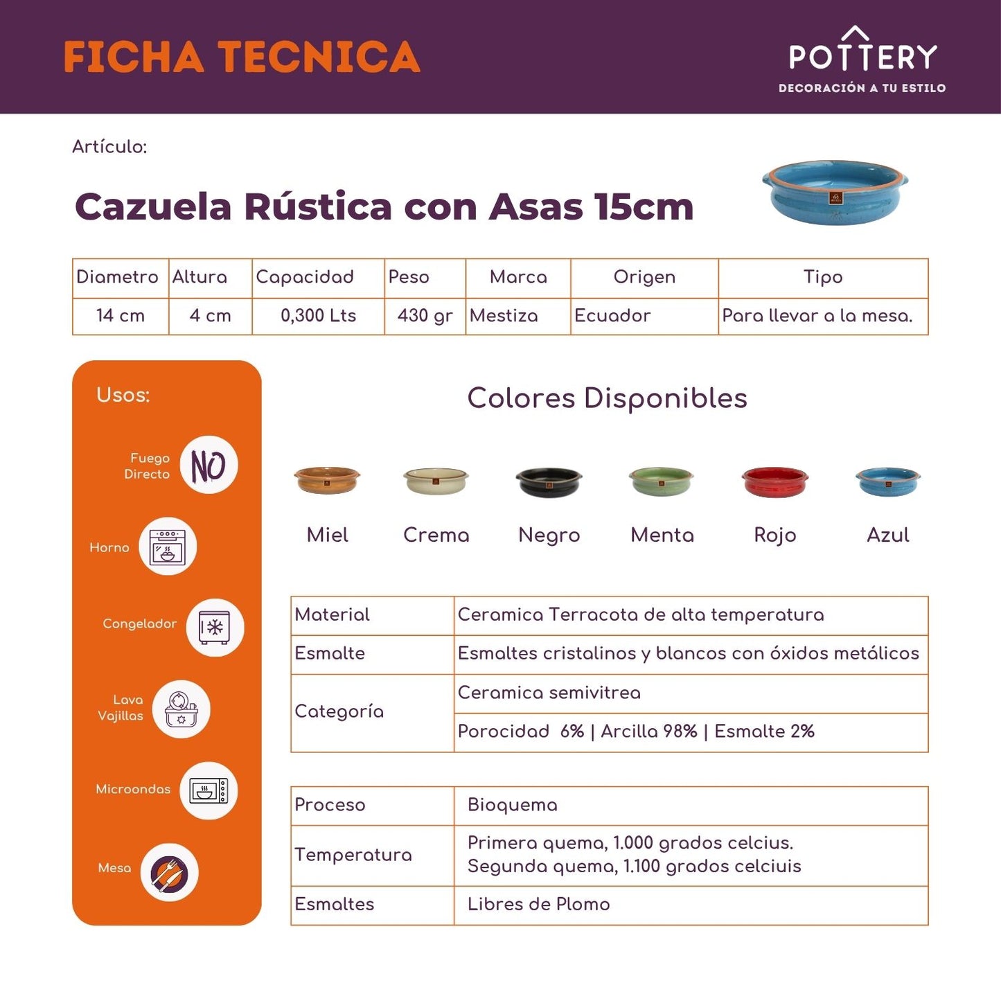 Cazuela 15 cm Cerámica Esmaltada