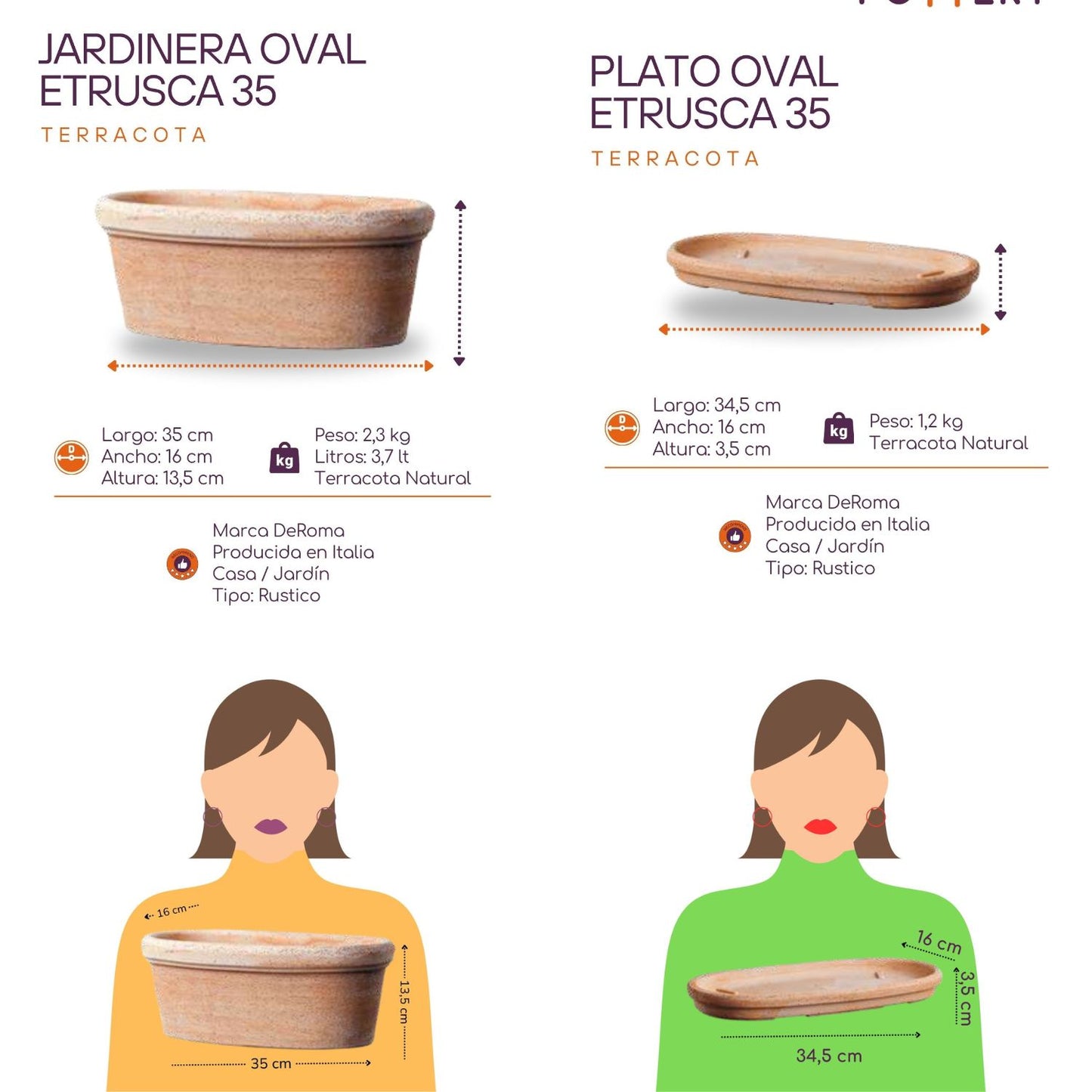 Jardinera Etrusca con Plato 35cm Ovalada Terracota