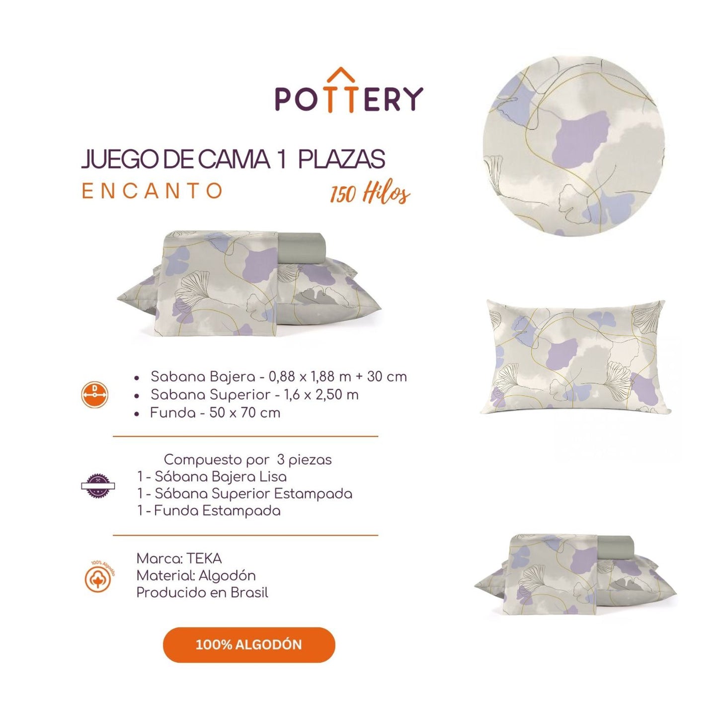 Juego de Sábanas 3 Piezas ENCANTO, 1 plaza - 150 hilos en 100% Algodón