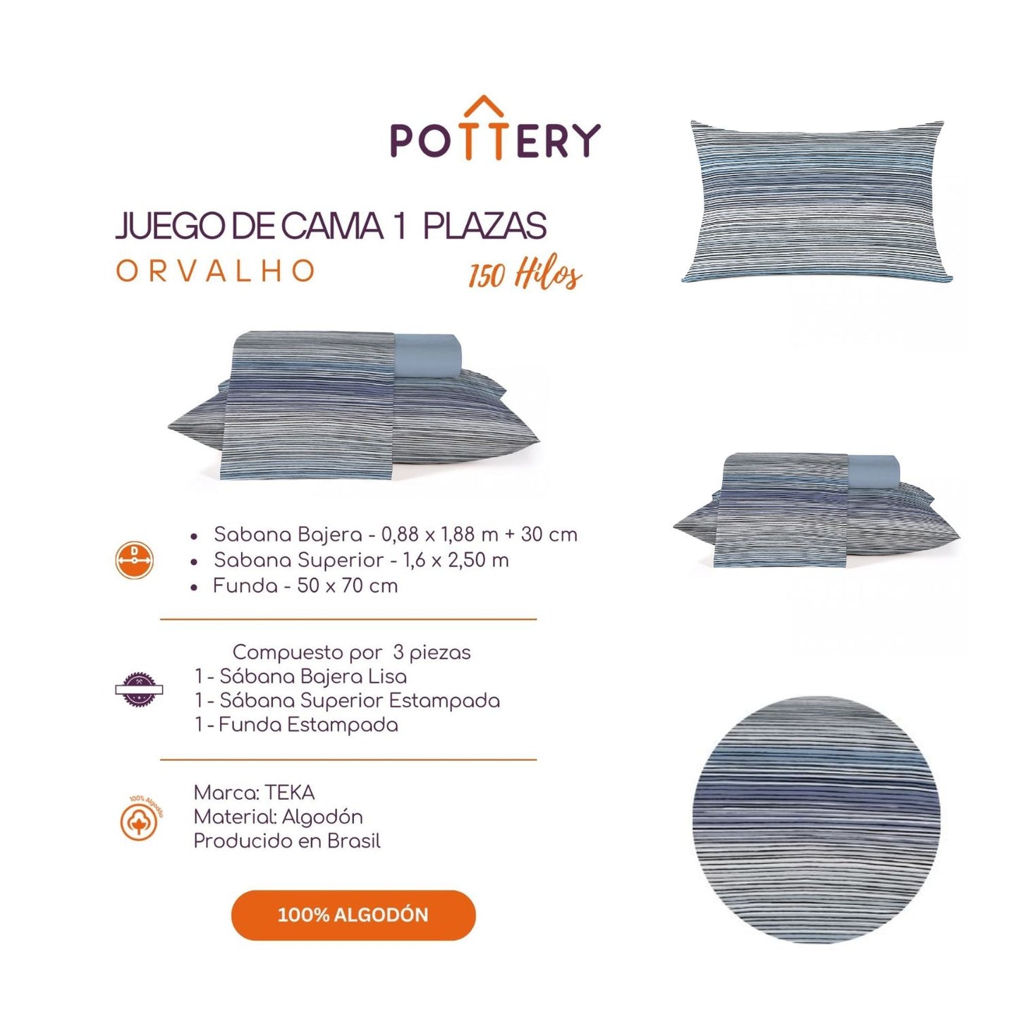 Juego de Sábanas 3 Piezas ORVALHO, 1 plaza - 150 hilos en 100% Algodón