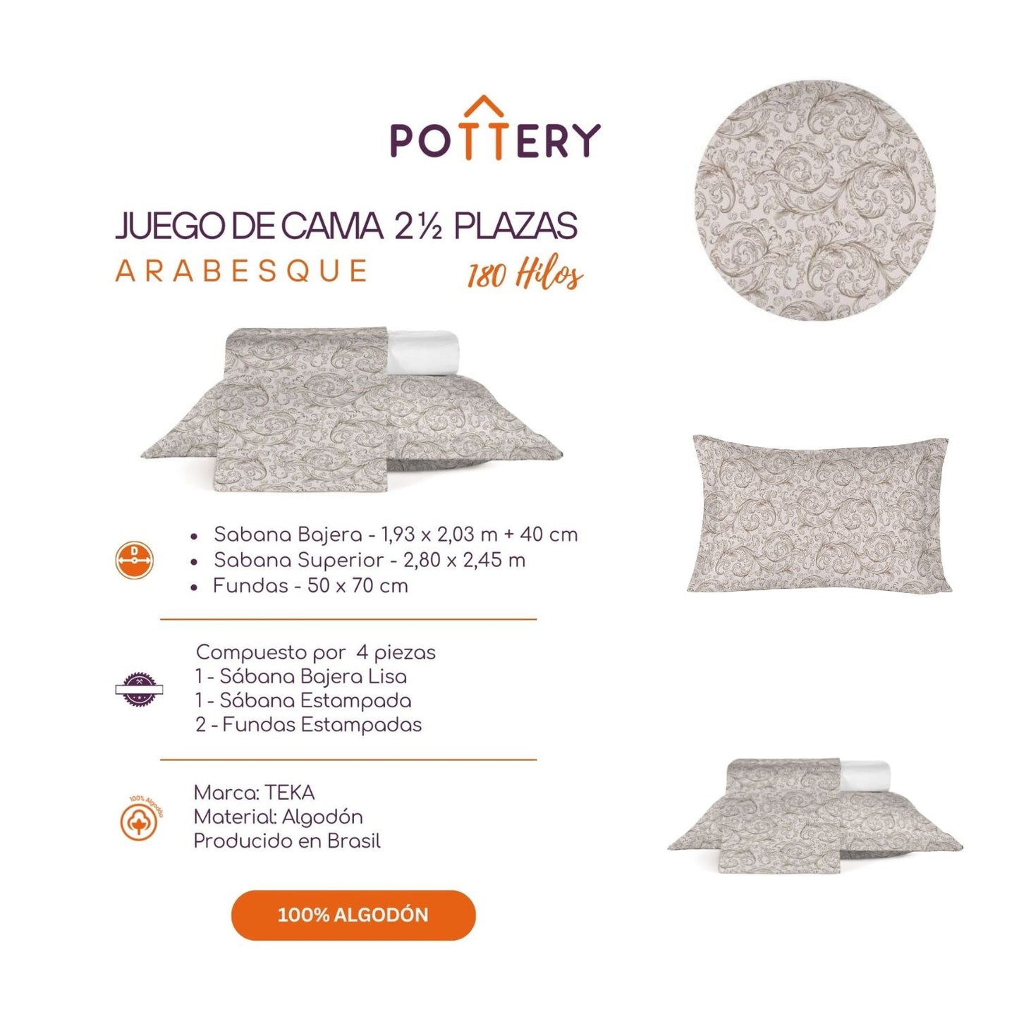 Juego de Sábanas 4 Piezas ARABESQUE , 2 1⁄2 plazas - 180 hilos en 100% Algodón