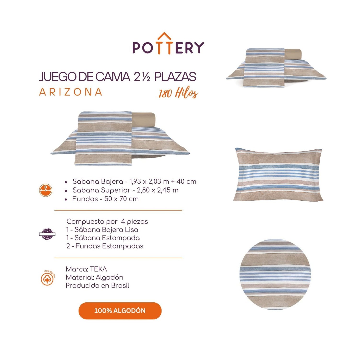 Juego de Sábanas 4 Piezas ARIZONA, 2 1⁄2 plazas - 180 hilos en 100% Algodón