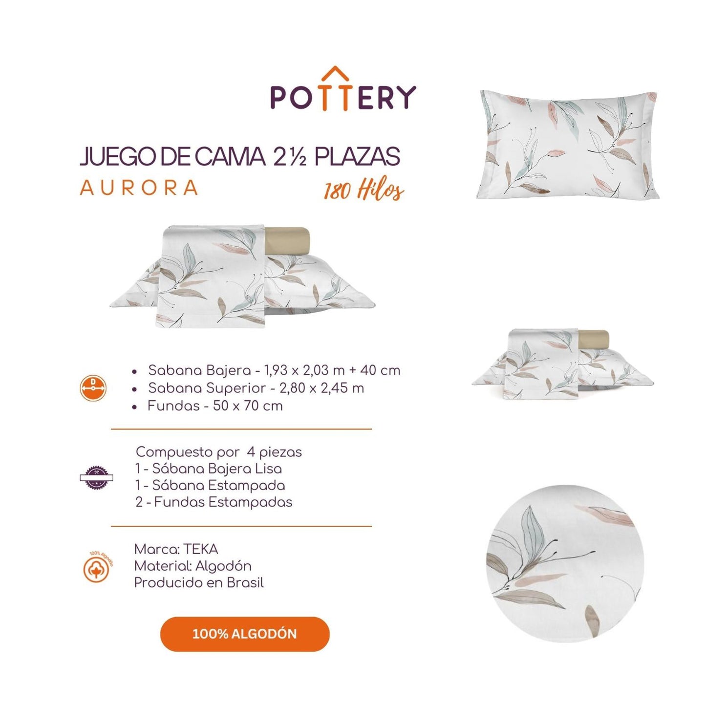 Juego de Sábanas 4 Piezas AURORA, 2 1⁄2 plazas - 180 hilos en 100% Algodón