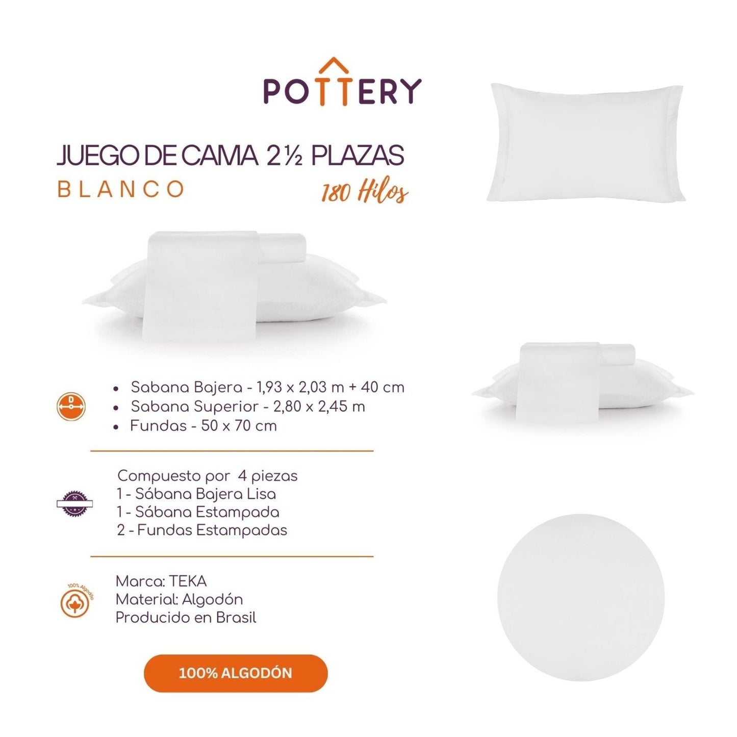Juego de Sábanas 4 Piezas BLANCO, 2 1⁄2 plazas - 180 hilos en 100% Algodón
