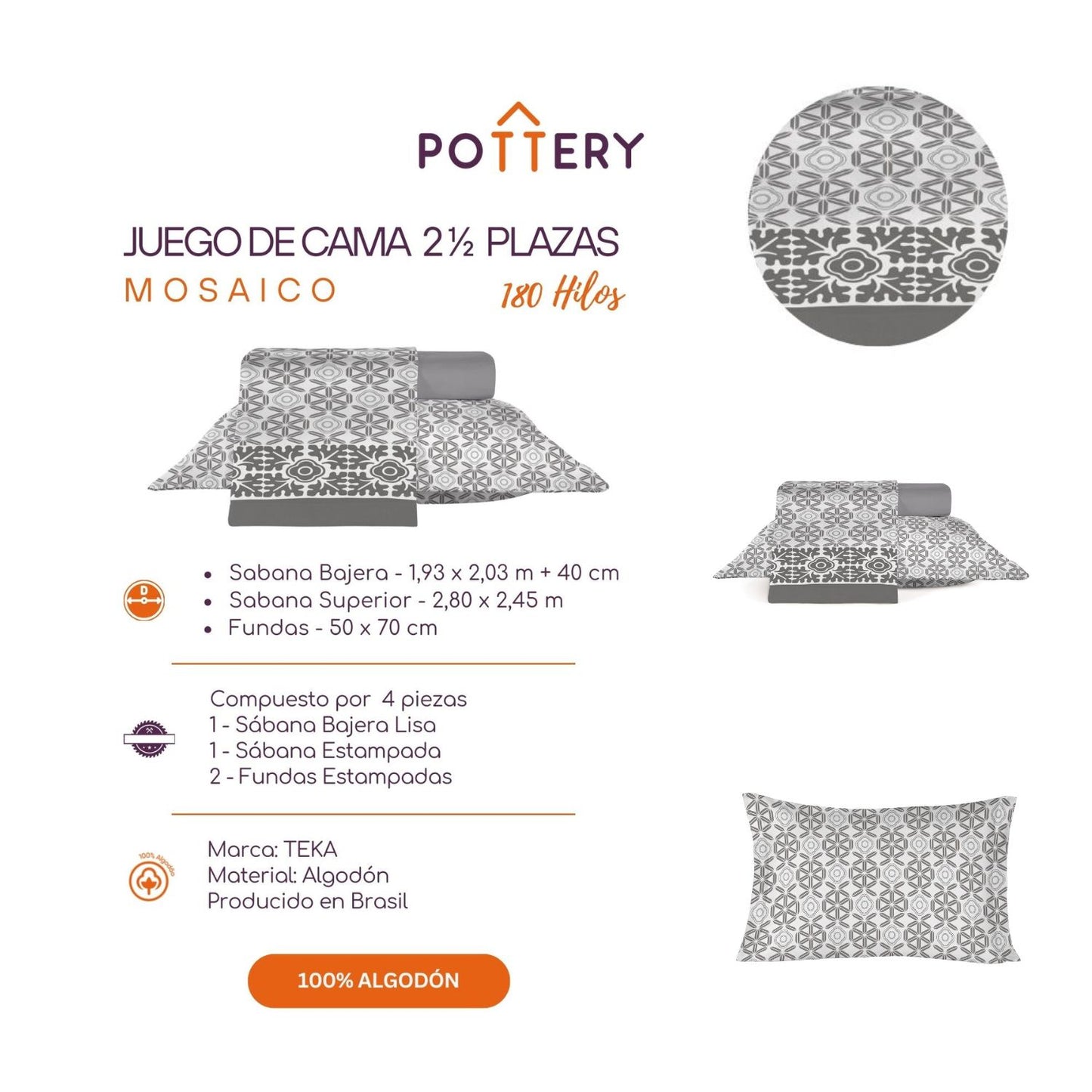 Juego de Sábanas 4 Piezas MOSAICO, 2 1⁄2 plazas - 180 hilos en 100% Algodón