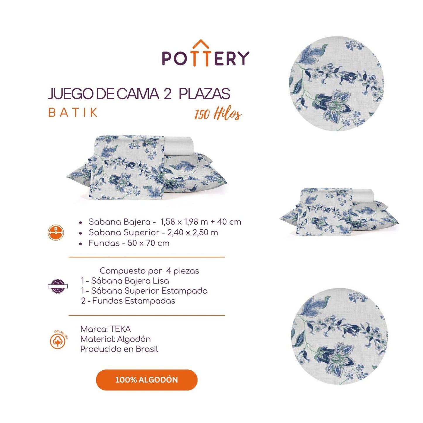 Juego de Sábanas 4 Piezas BATIK, 2 plazas - 150 hilos en 100% Algodón