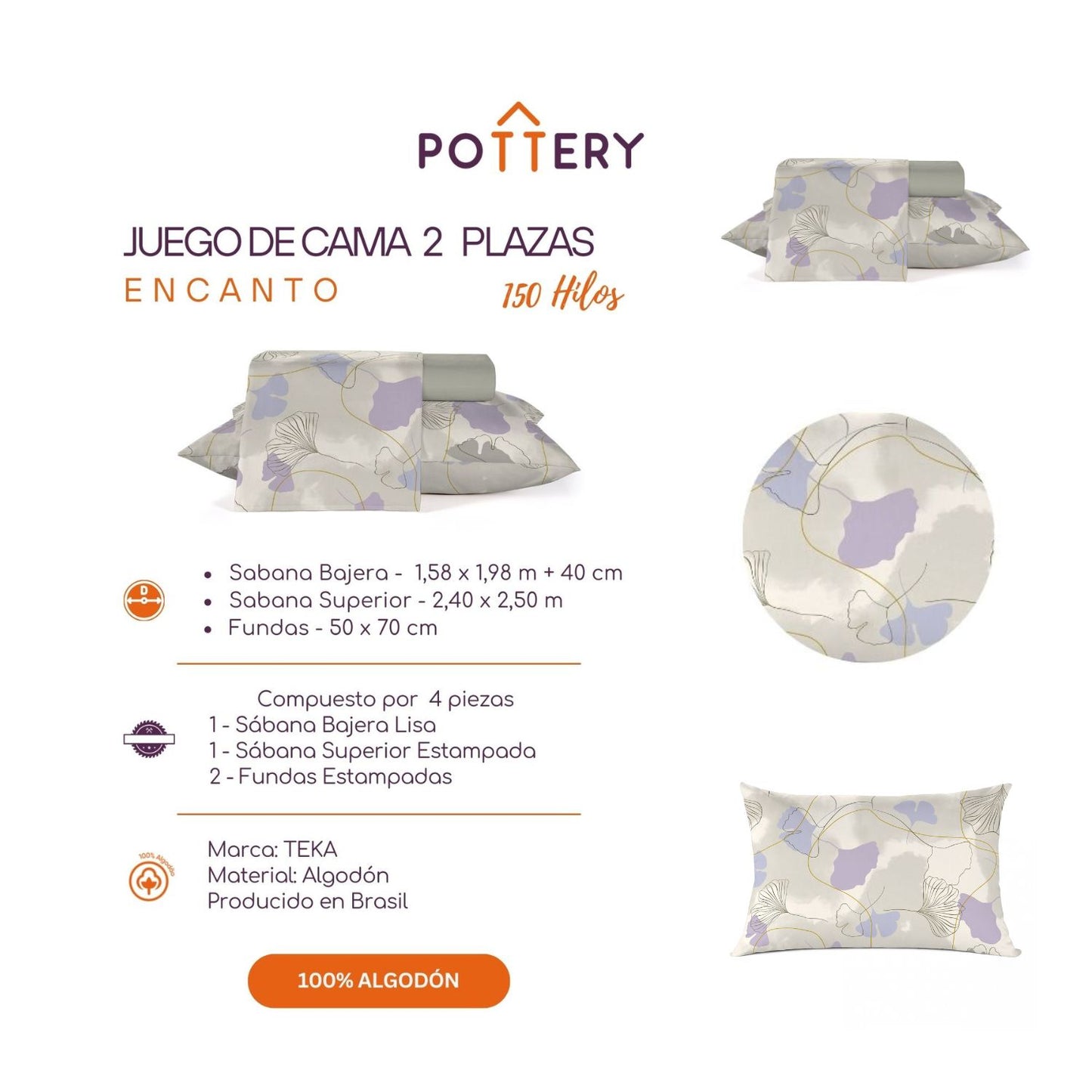 Juego de Sábanas 4 Piezas ENCANTO, 2 plazas - 150 hilos en 100% Algodón