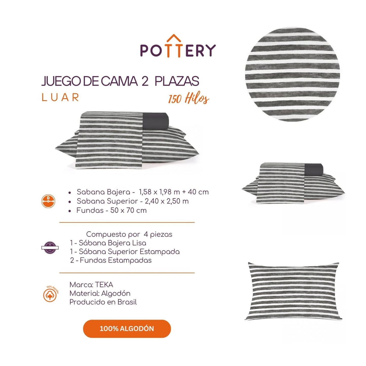 Juego de Sábanas 4 Piezas LUAR, 2 plazas - 150 hilos en 100% Algodón