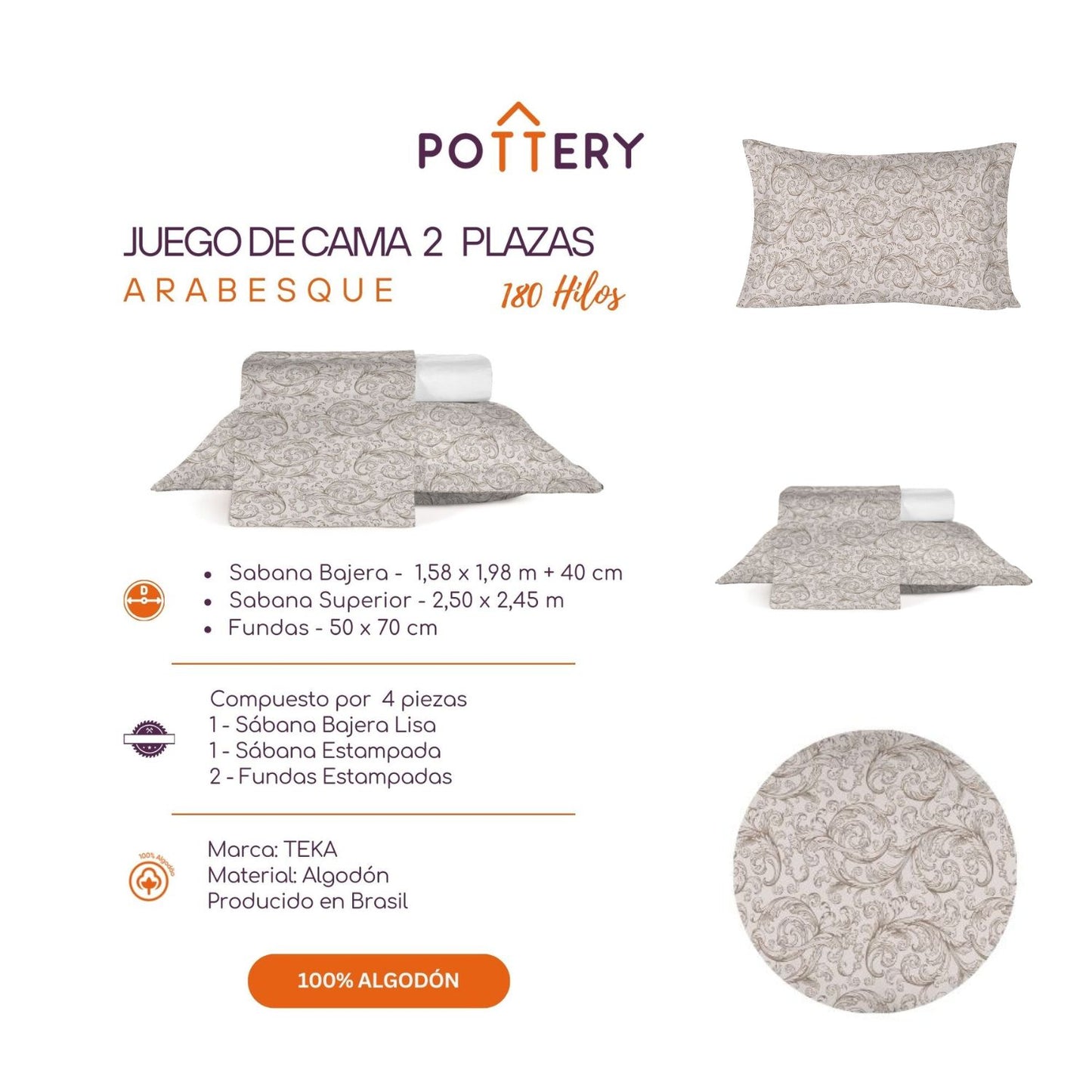 Juego de Sábanas 4 Piezas ARABESQUE, 2 plazas - 180 hilos en 100% Algodón