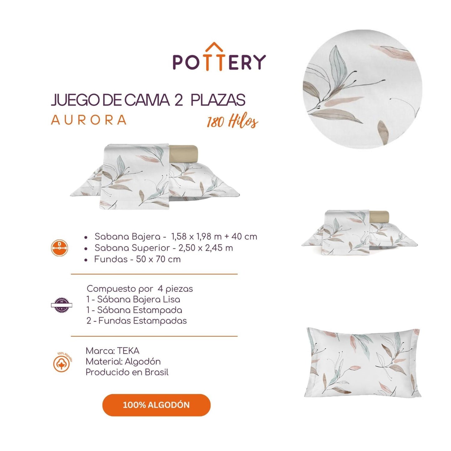 Juego de Sábanas 4 Piezas AURORA, 2 plazas - 180 hilos en 100% Algodón