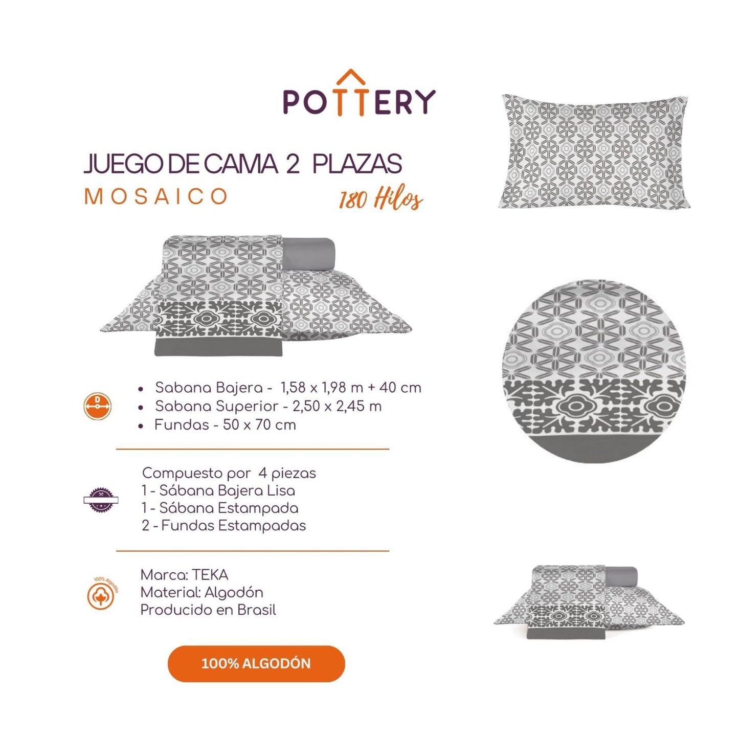 Juego de Sábanas 4 Piezas MOSAICO, 2 plazas - 180 hilos en 100% Algodón