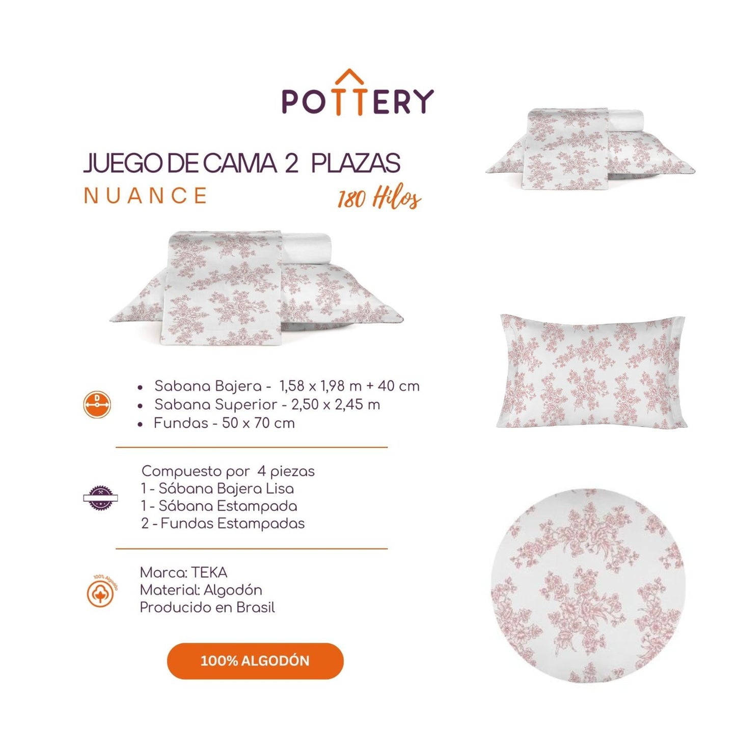 Juego de Sábanas 4 Piezas NUANCE, 2 plazas - 180 hilos en 100% Algodón