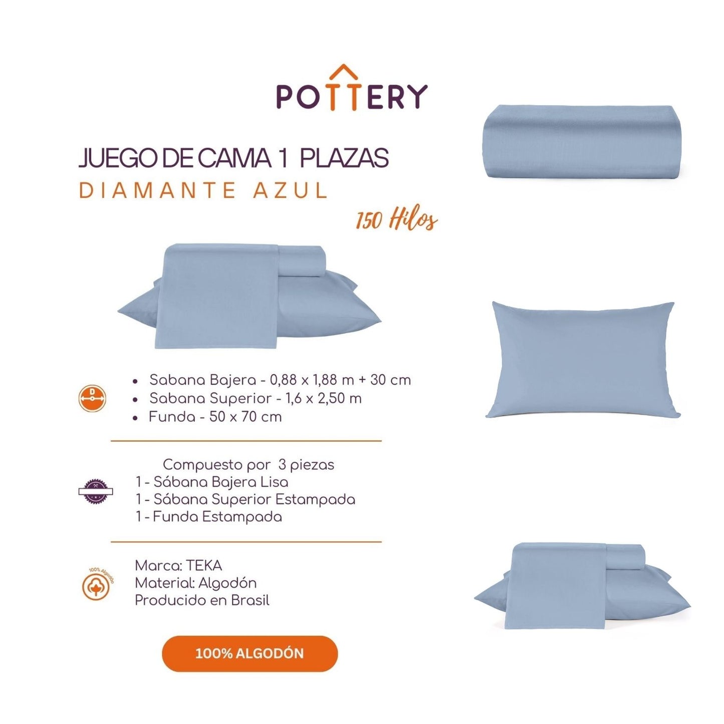 Juego de Sábanas 3 Piezas AZUL, 1 plaza - 150 hilos en 100% Algodón