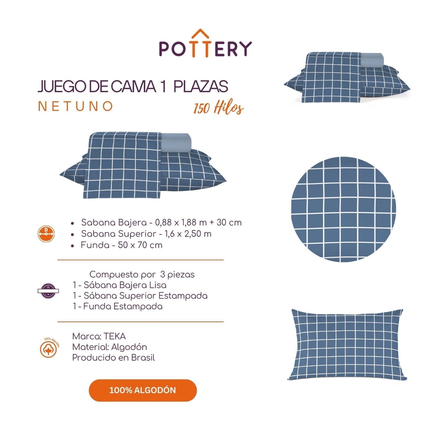 Juego de Sábanas 3 Piezas NETUNO, 1 plaza - 150 hilos en 100% Algodón