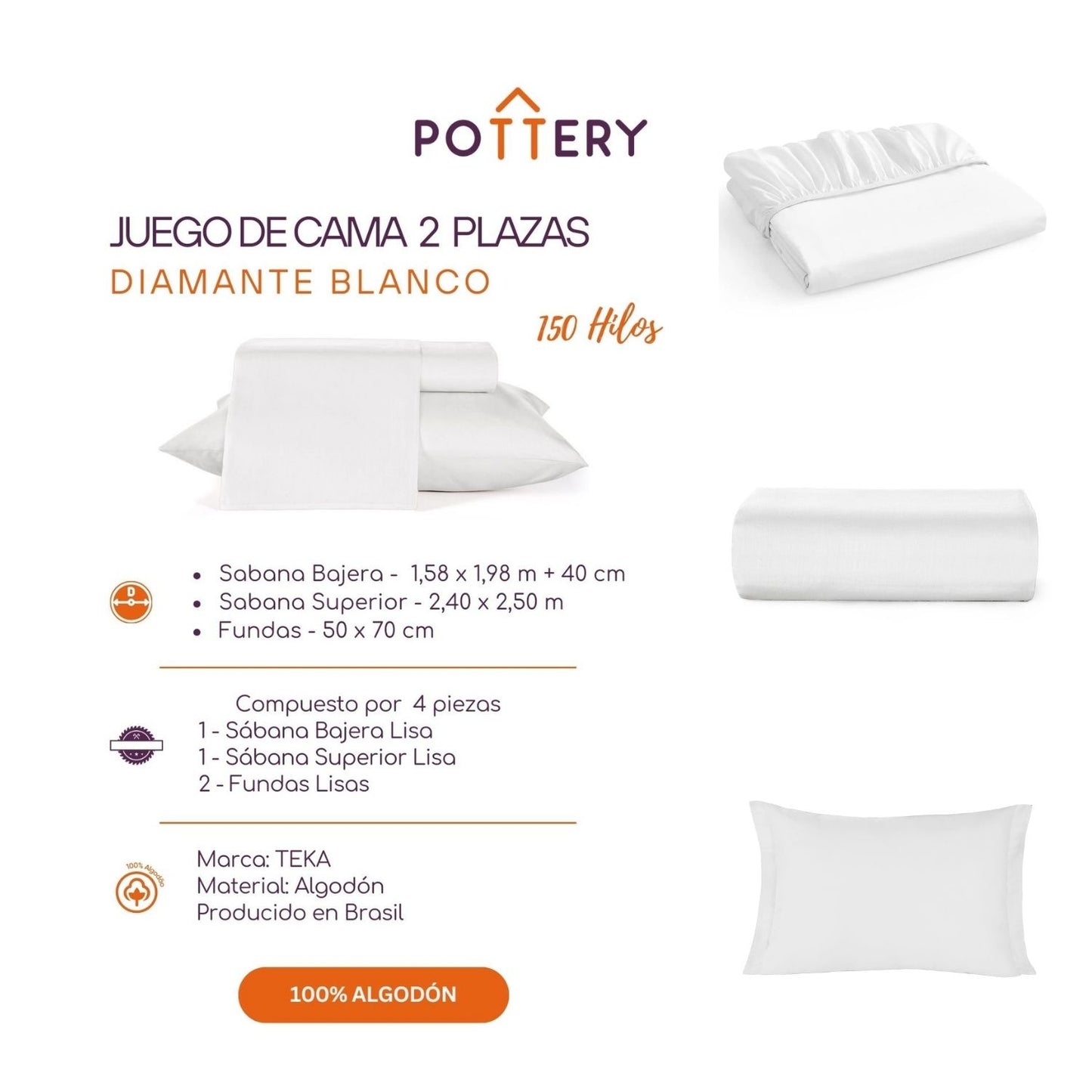 Juego de Sábanas 4 Piezas BLANCO, 2 plazas - 150 hilos en 100% Algodón