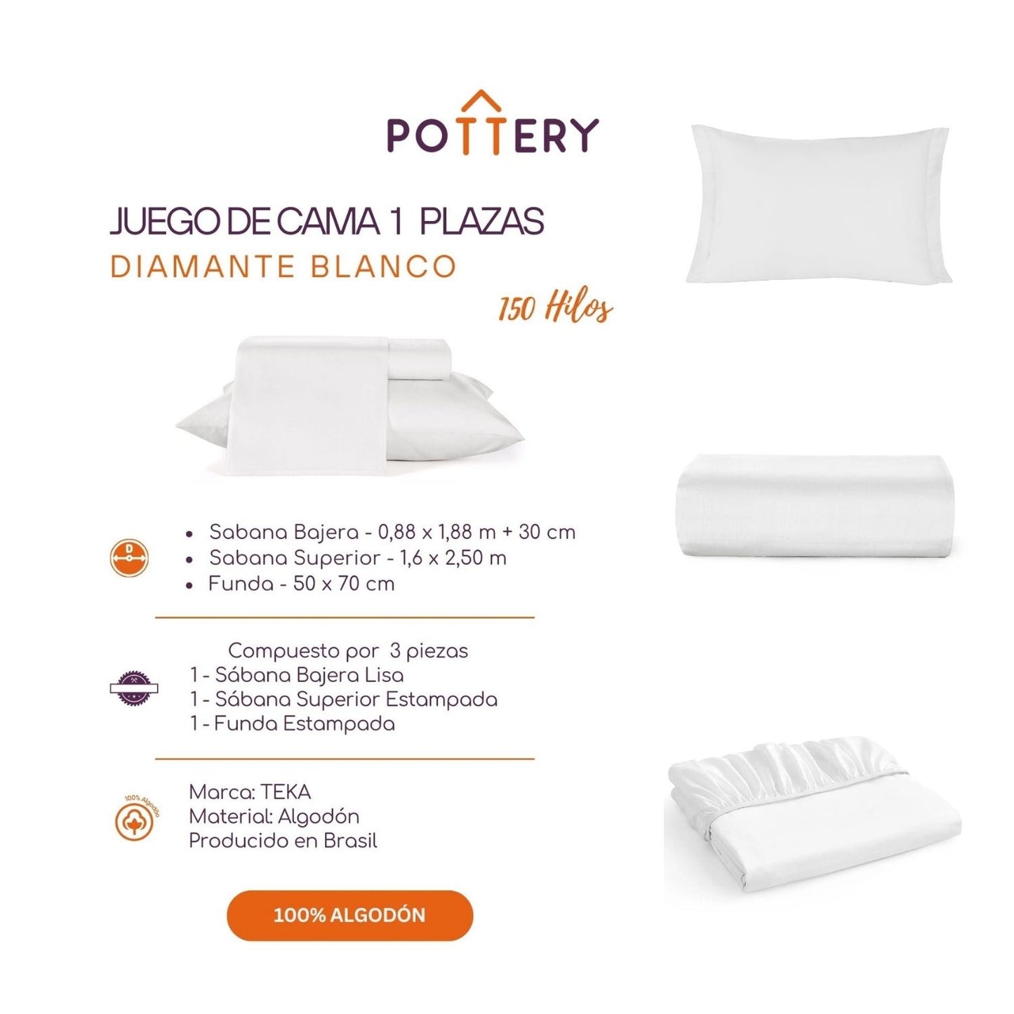 Juego de Sábanas 3 Piezas BLANCO, 1 plaza - 150 hilos en 100% Algodón