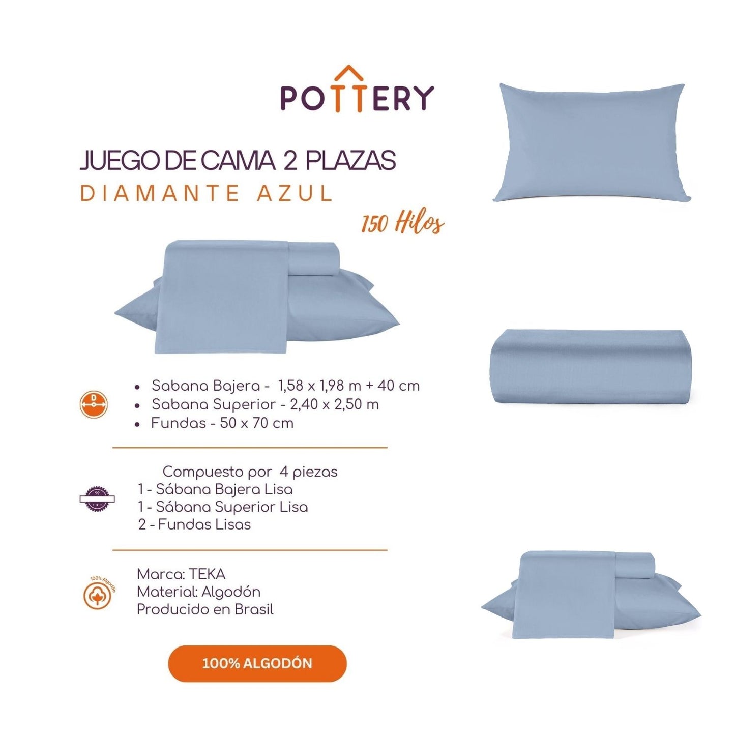 Juego de Sábanas 4 Piezas AZUL, 2 plazas - 150 hilos en 100% Algodón