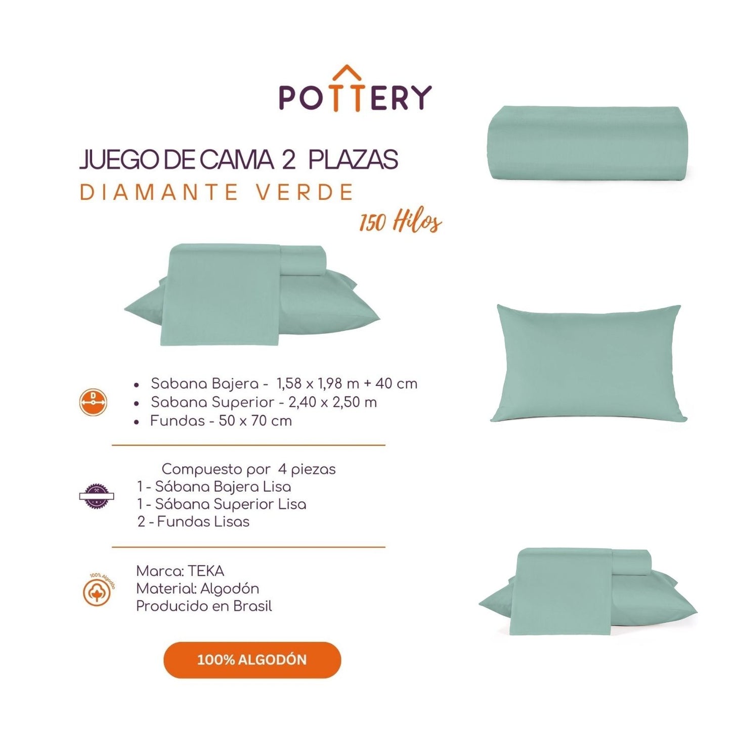 Juego de Sábanas 4 Piezas VERDE, 2 plazas - 150 hilos en 100% Algodón