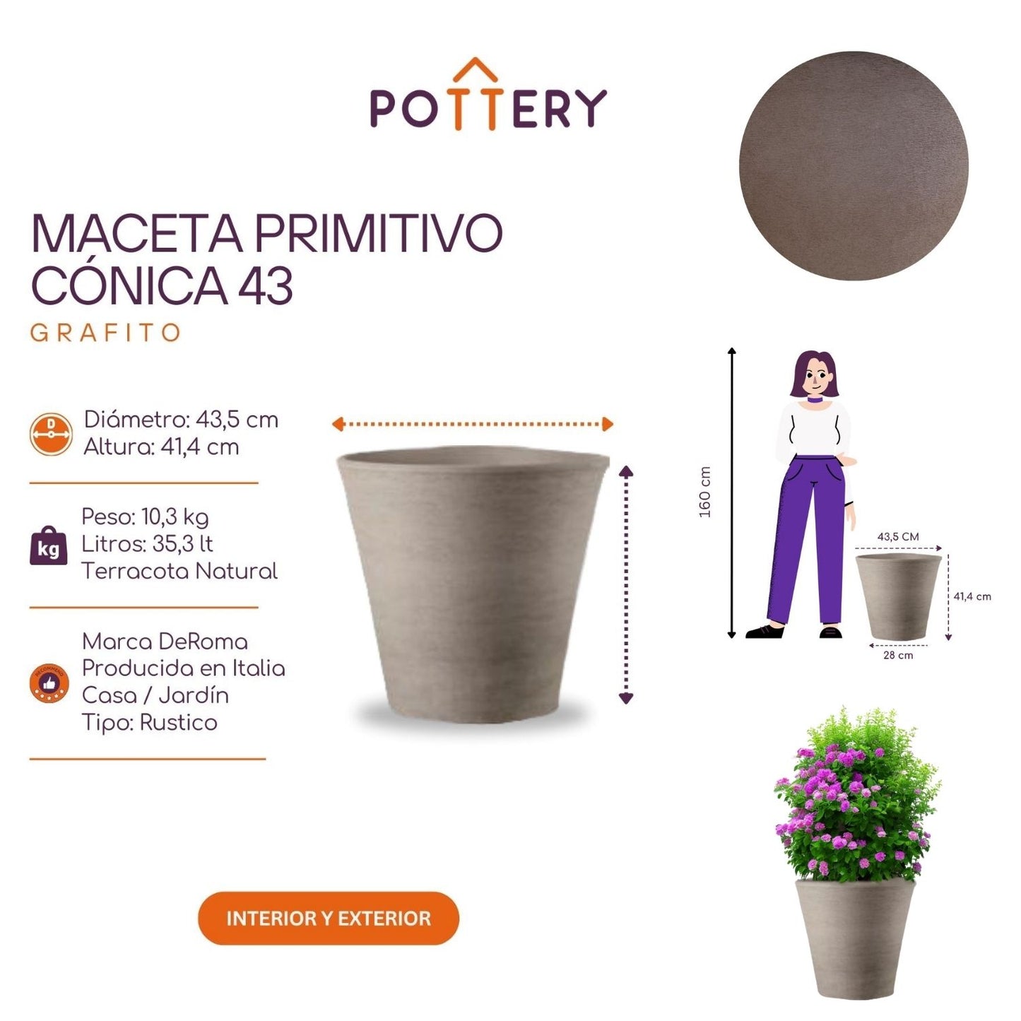 Macetero Primitivo Cónico Grafito 43