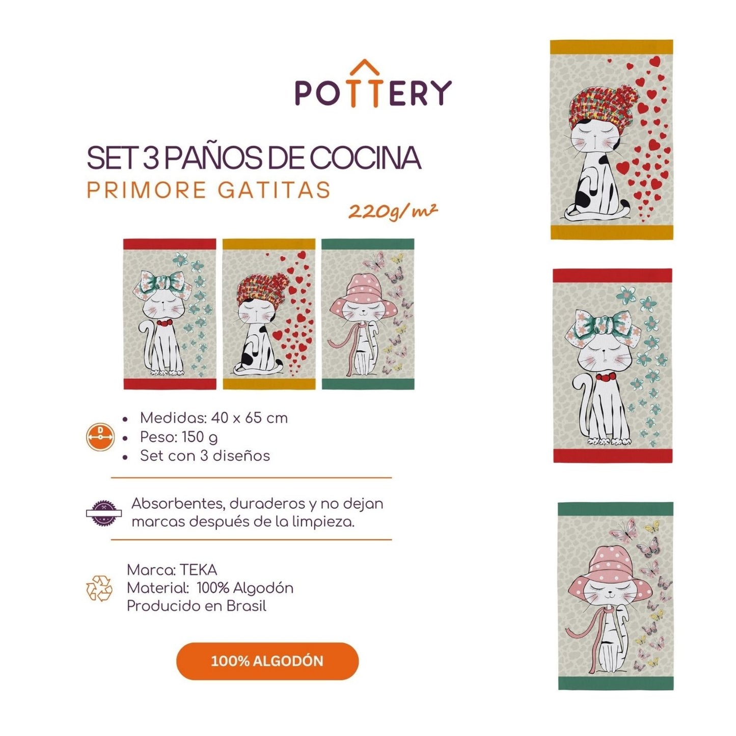 Set 3 Paños de Cocina Gatitas 220 g/m² - 100% Algodón Teka
