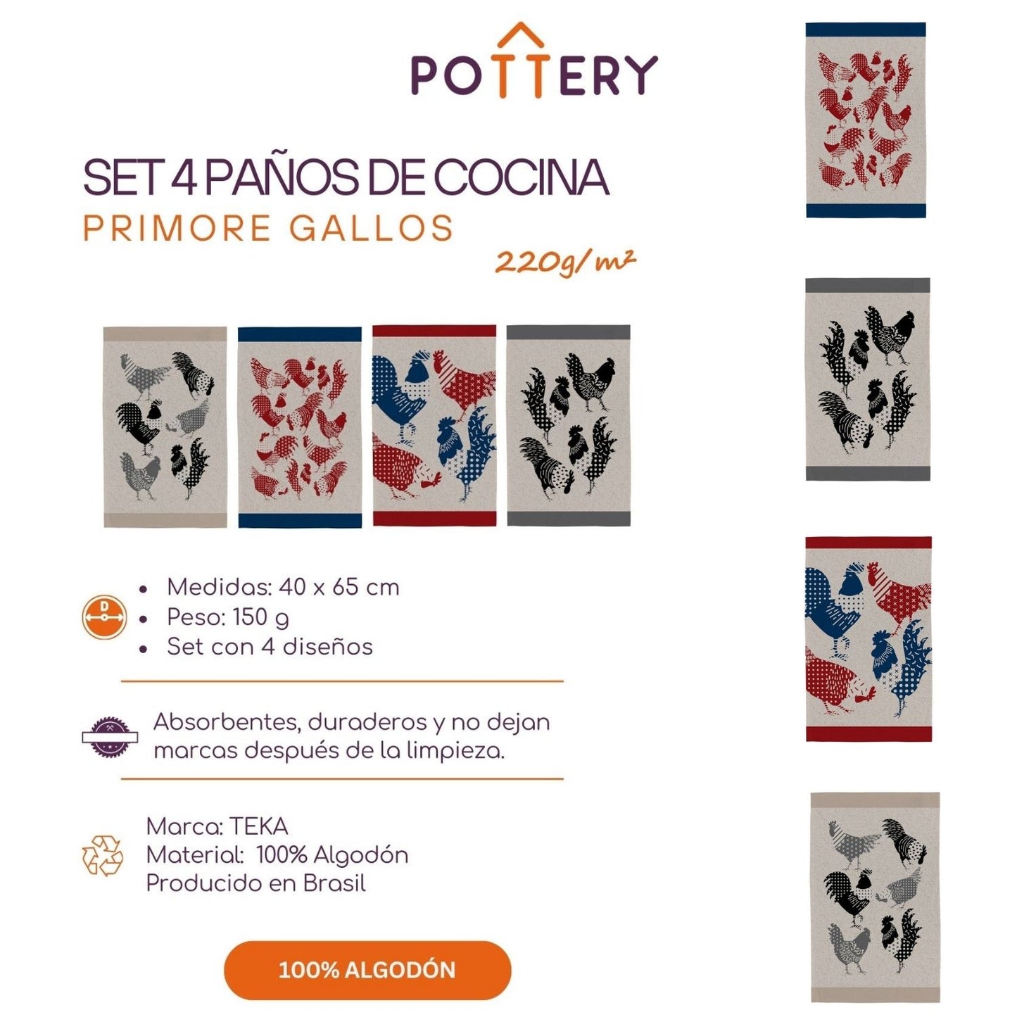 Set 4 Paños de Cocina Gallos 220 g/m² - 100% Algodón Teka