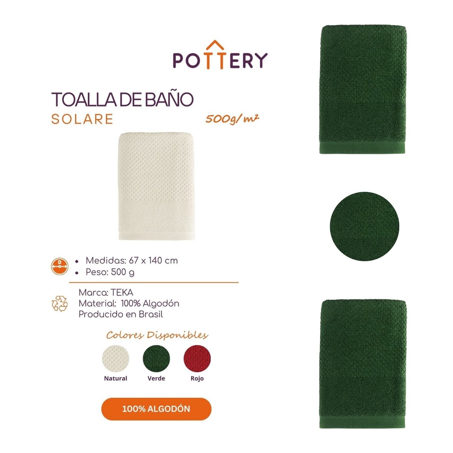 Toalla de Baño Solare - 100% Algodón - 500g/m² - Teka
