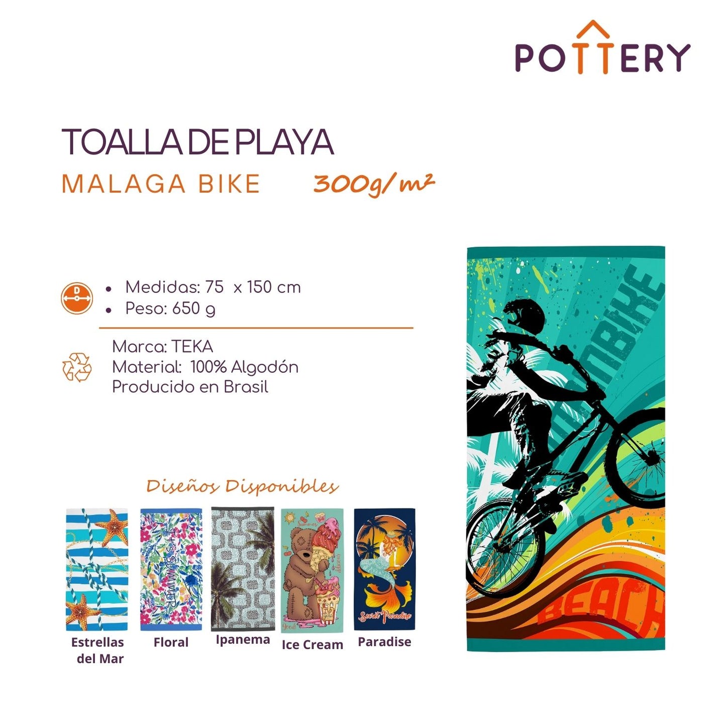 Toalla de Playa Bike - 100% Algodón - 300 g/m² - Teka