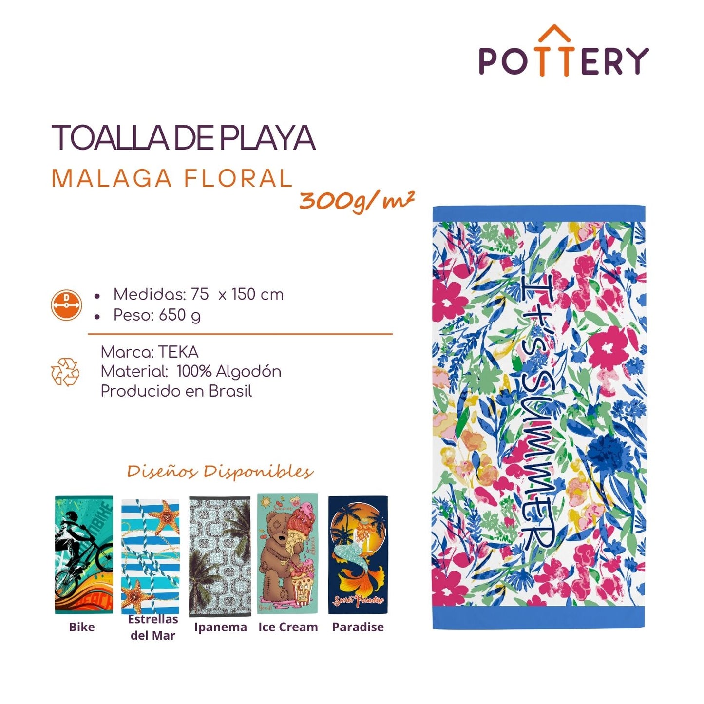 Toalla de Playa Floral - 100% Algodón - 300 g/m² - Teka