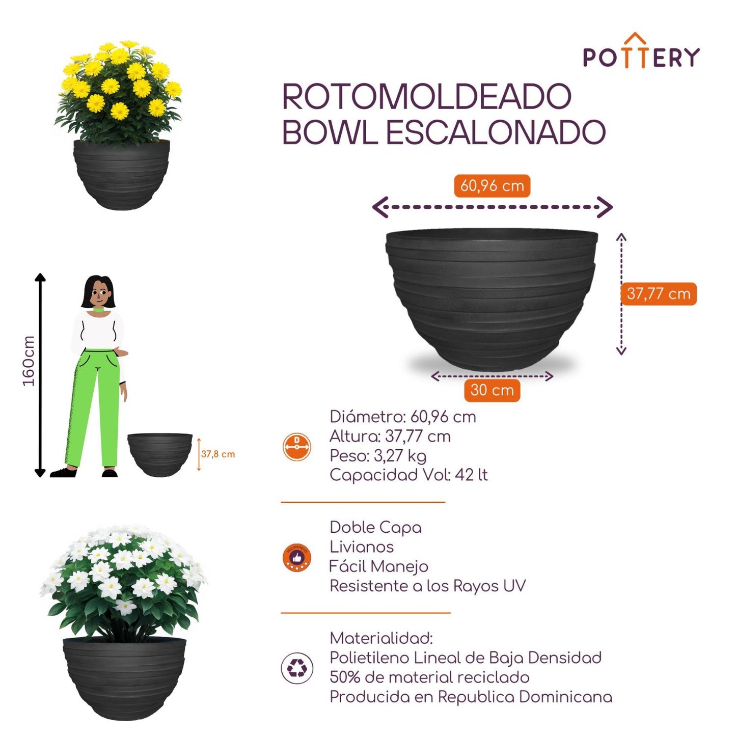Macetero Bowl Escalonado 60 Negro