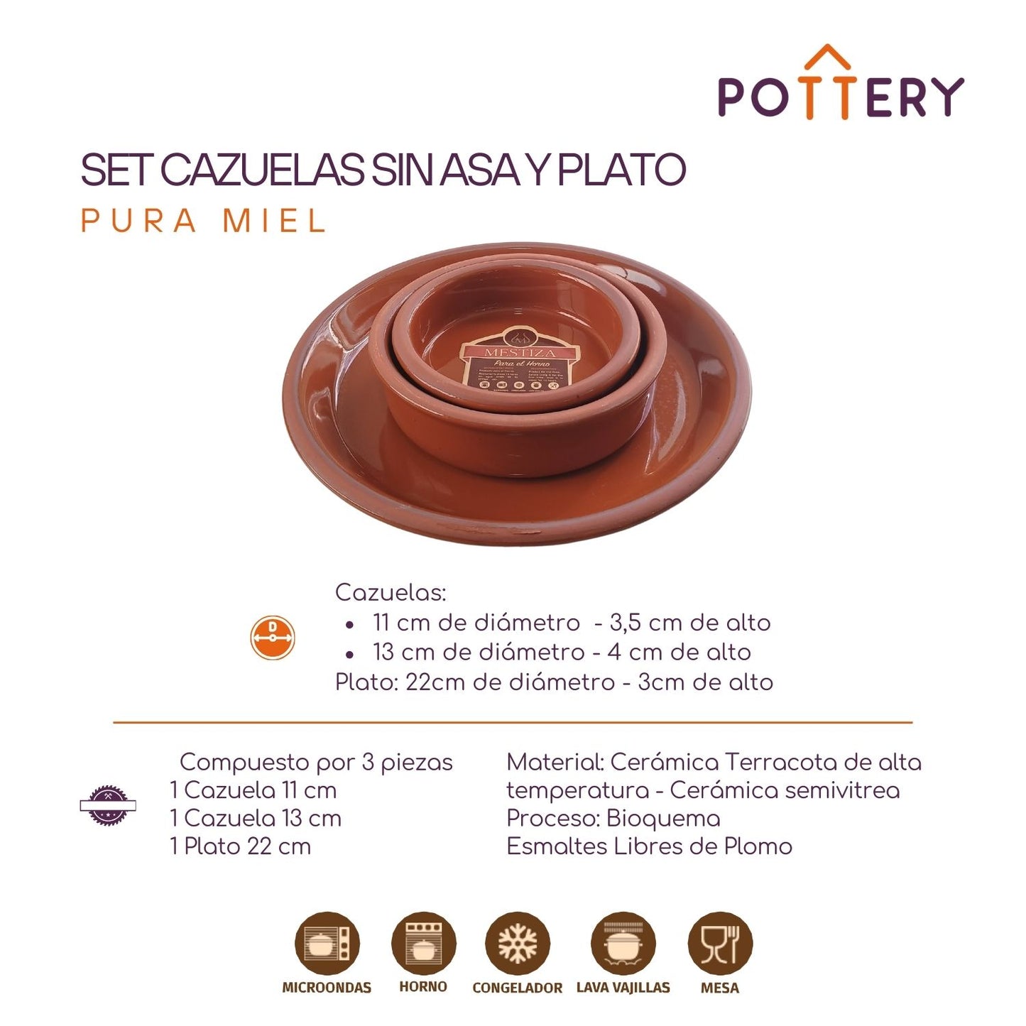 Set Cazuelas Sin Asa con Plato Pura Miel