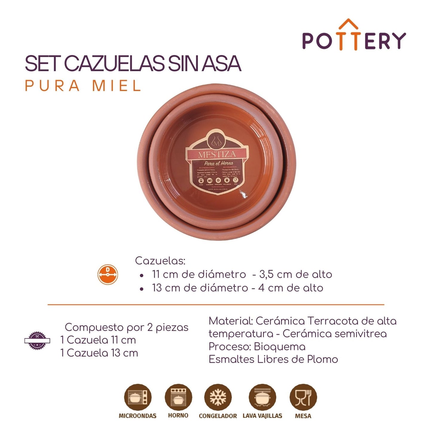 Set Cazuelas Sin Asa  Pura Miel