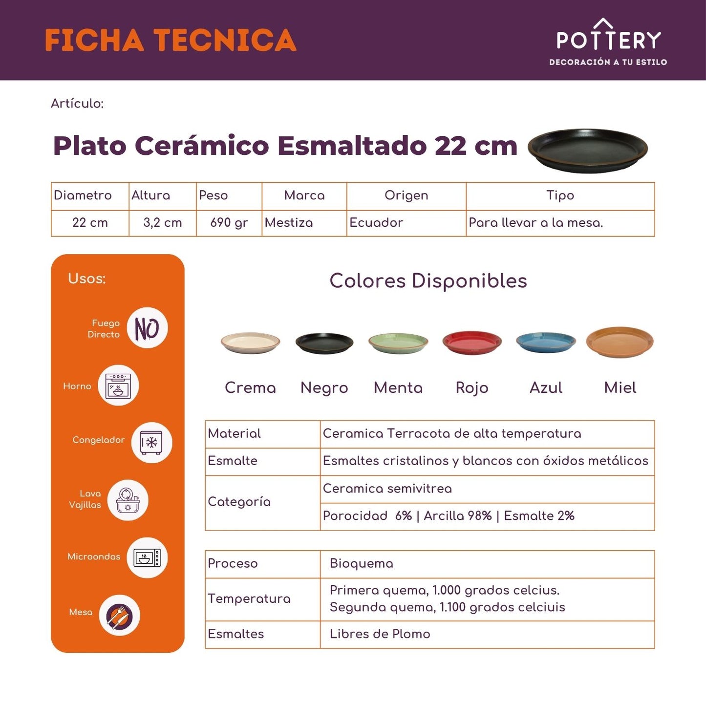 Platos 22 cm Cerámica Esmaltada