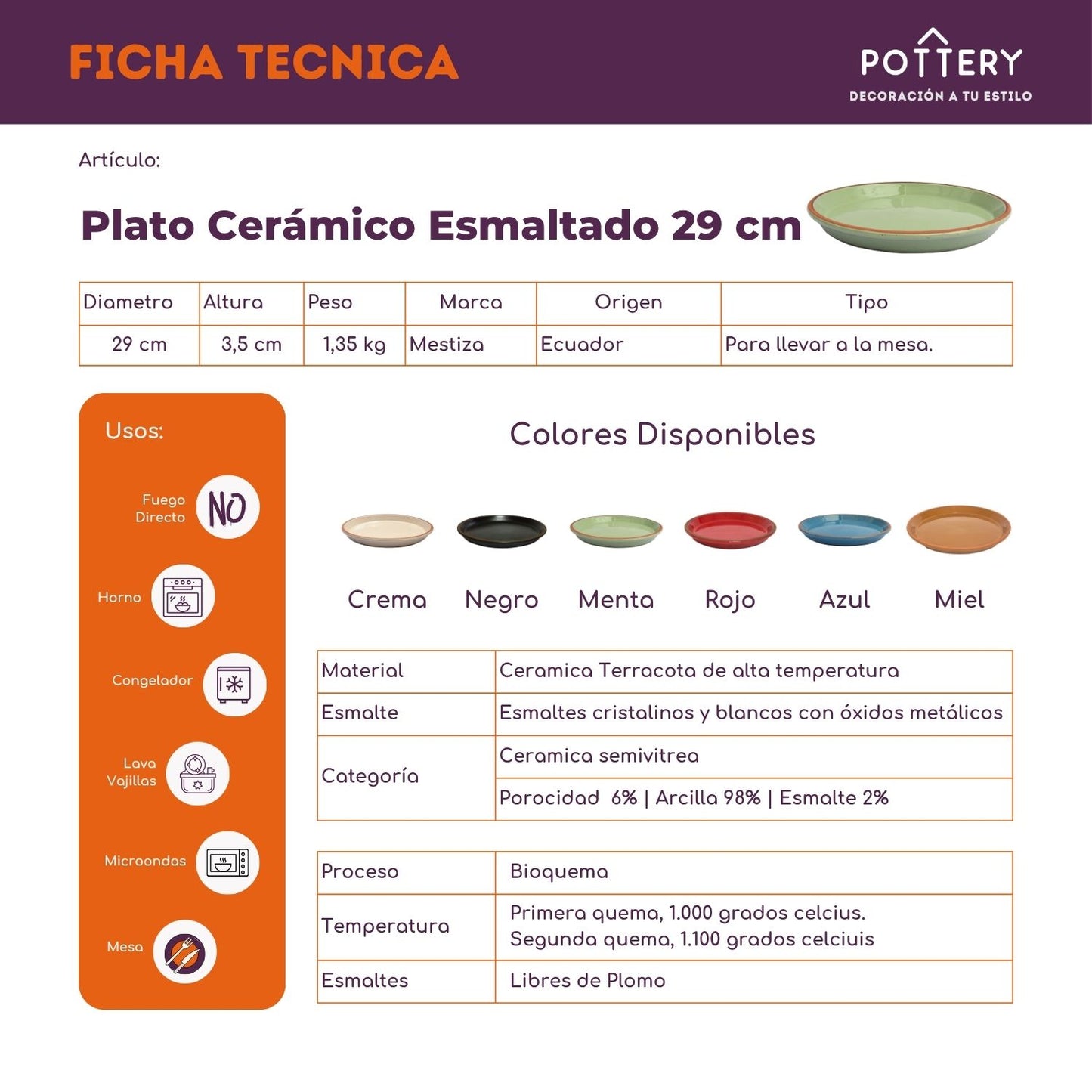 Platos 29 cm Cerámica Esmaltada