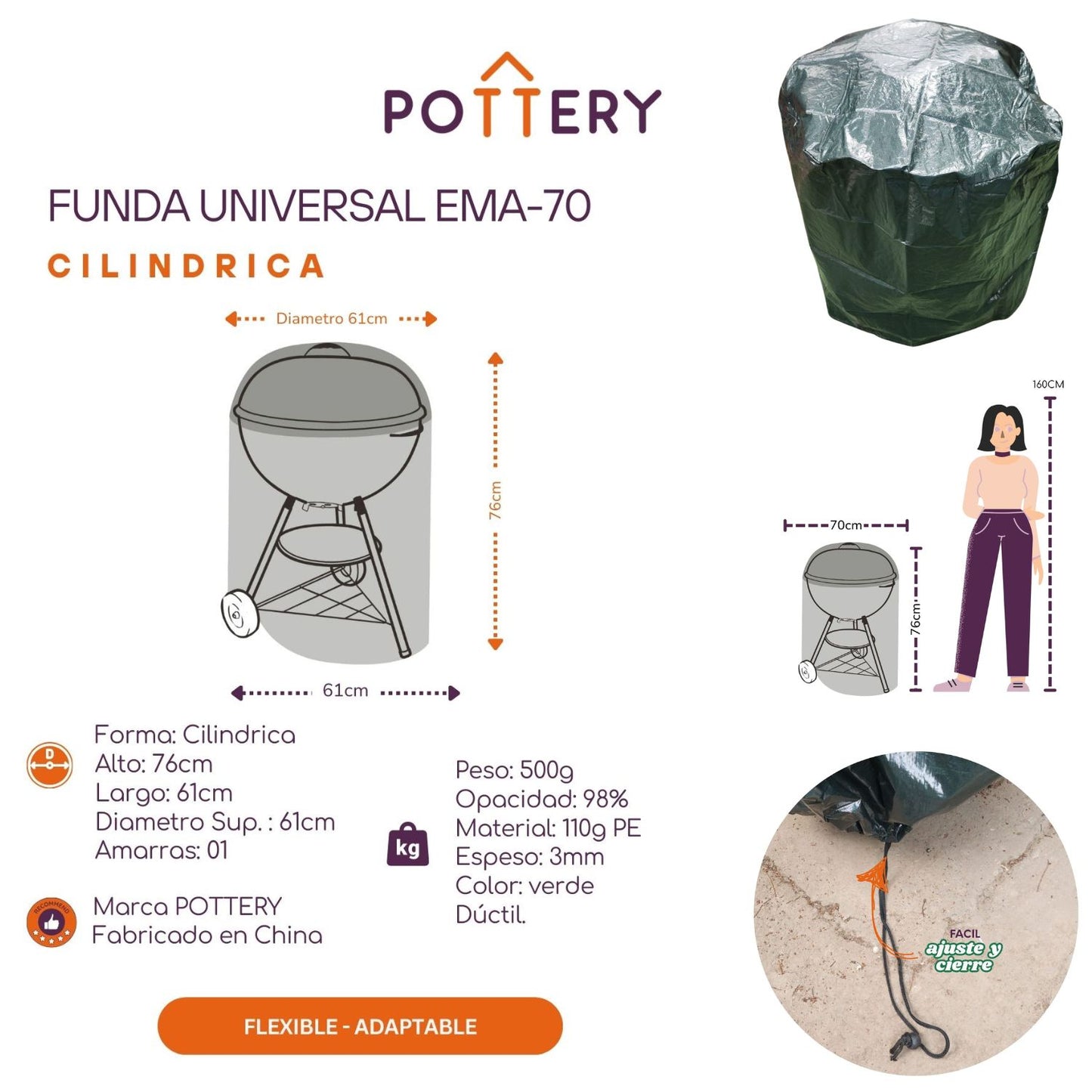 Funda Universal Cilindrica Ema70 Parrillas, Estufas