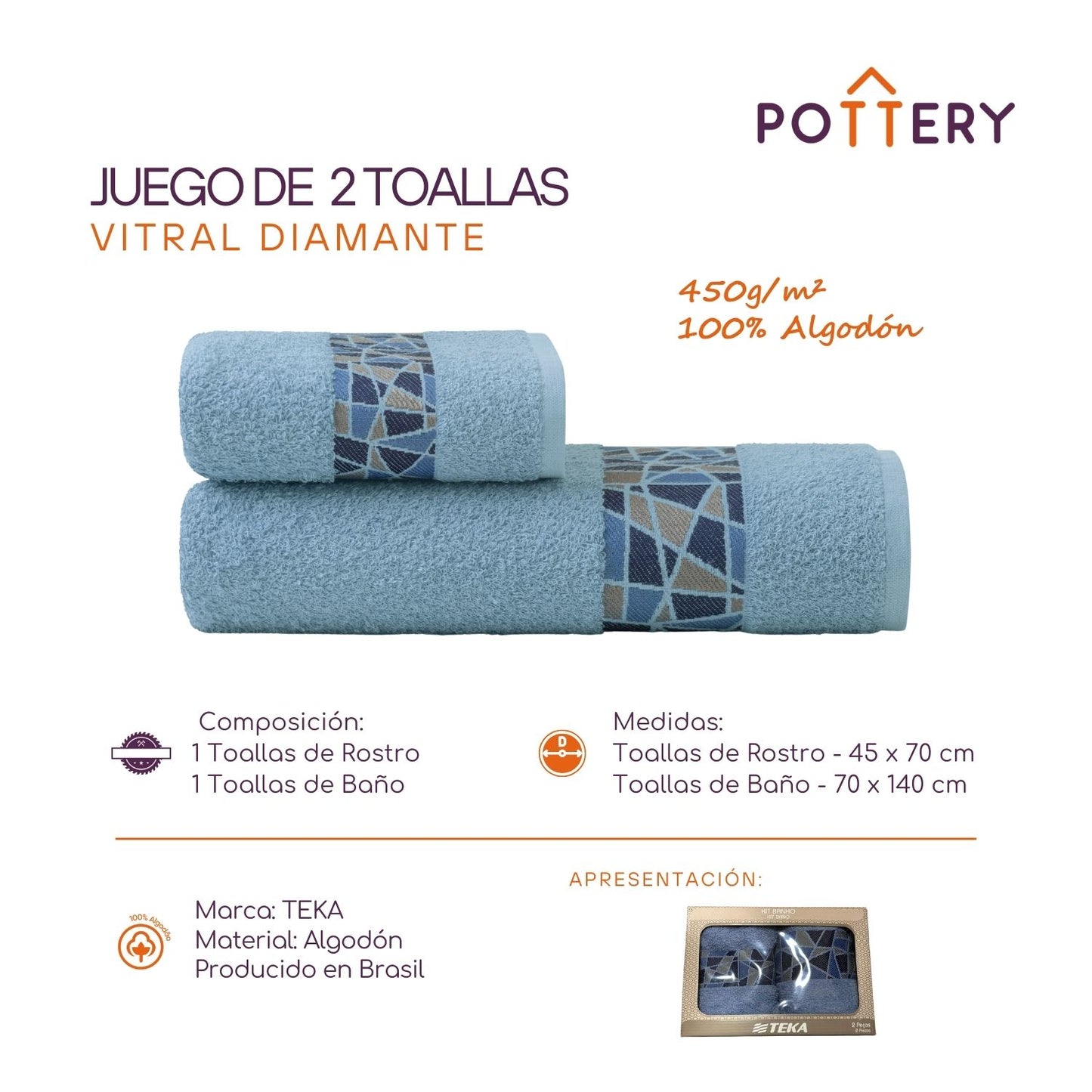 Juego de Toallas 2 Piezas Diamante - 450 g/m² - Teka
