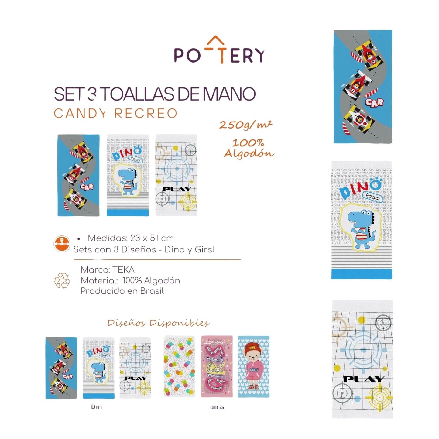 Set 3 Toallas de Mano Preescolar Candy Dino - 250 g/m² - Teka