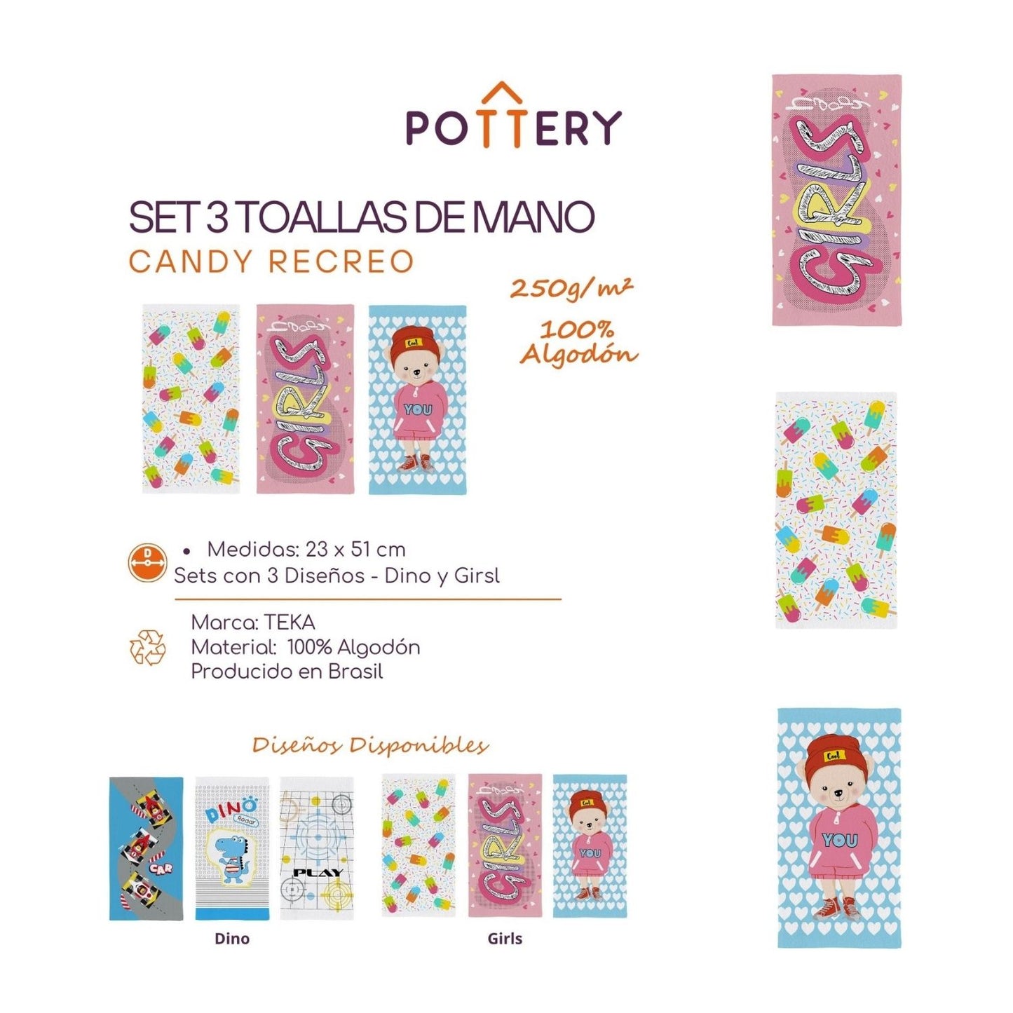 Set 3 Toallas de Mano Preescolar Candy Girls - 250 g/m² - Teka