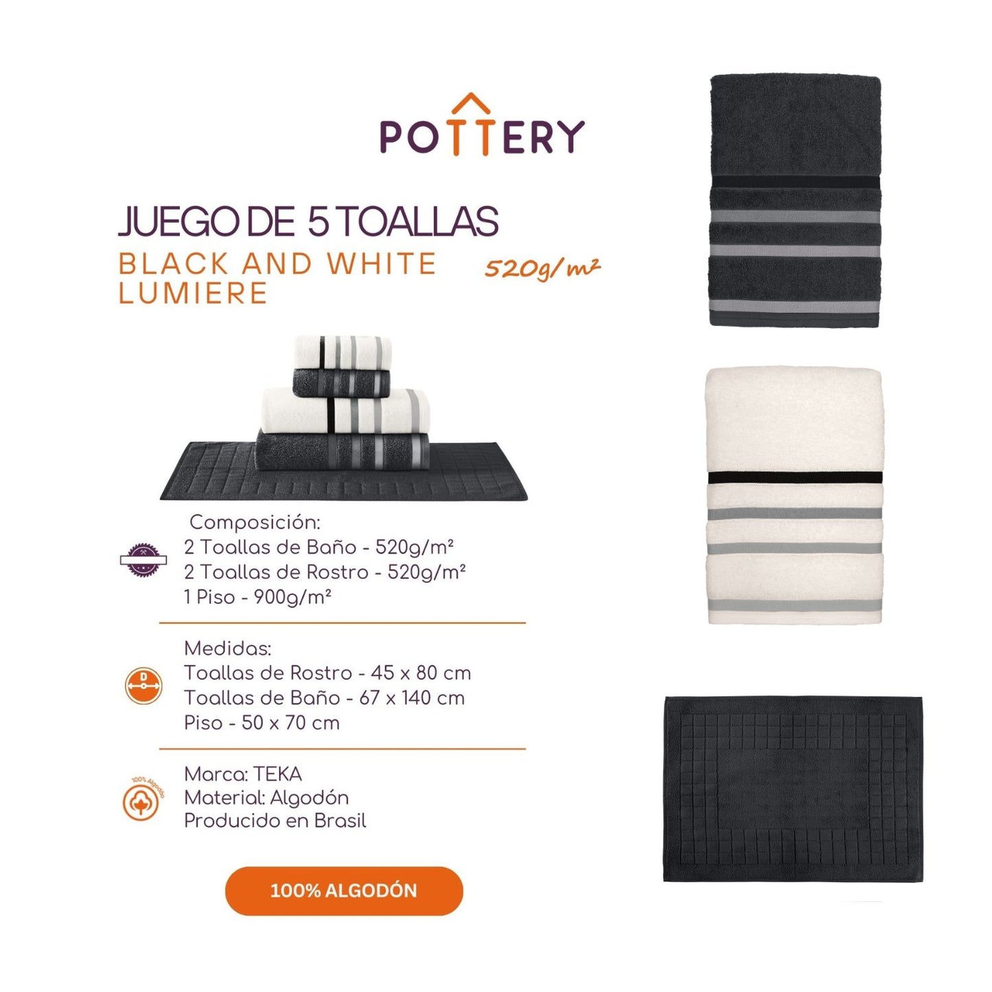 Juego de Toallas 5 Piezas Lumiere - 520 g/m² - 100 % algodón Teka