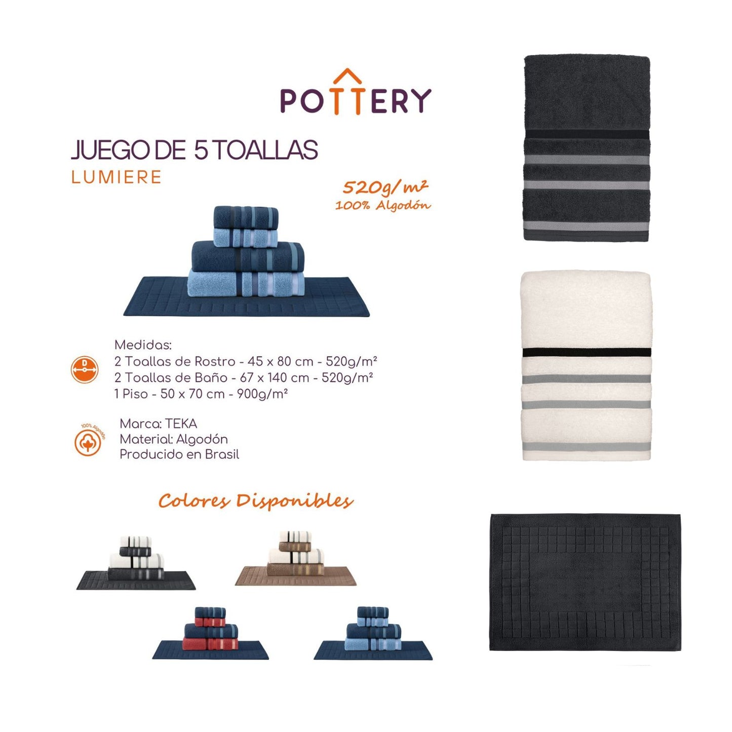 Juego de Toallas 5 Piezas Lumiere - 520 g/m² - 100 % algodón Teka