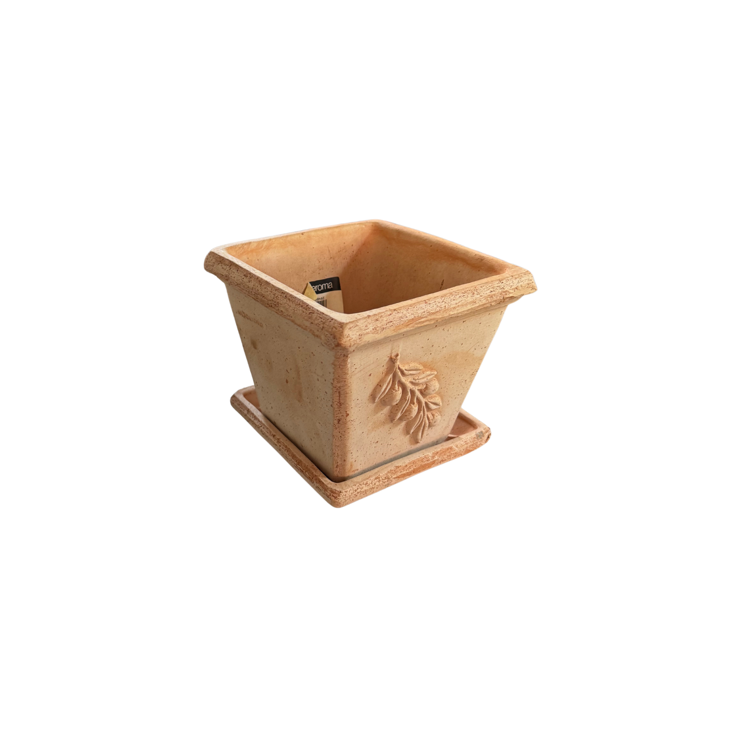Set Maceta Cuadrada con Relieve Oliva con plato