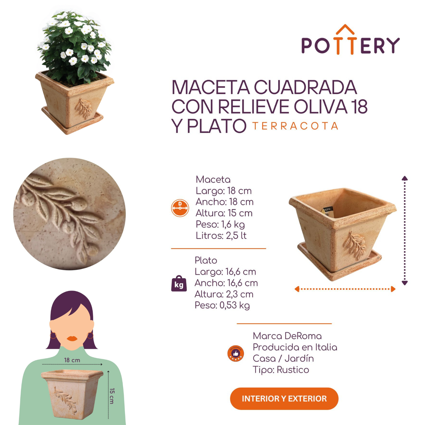 Set Maceta Cuadrada con Relieve Oliva con plato