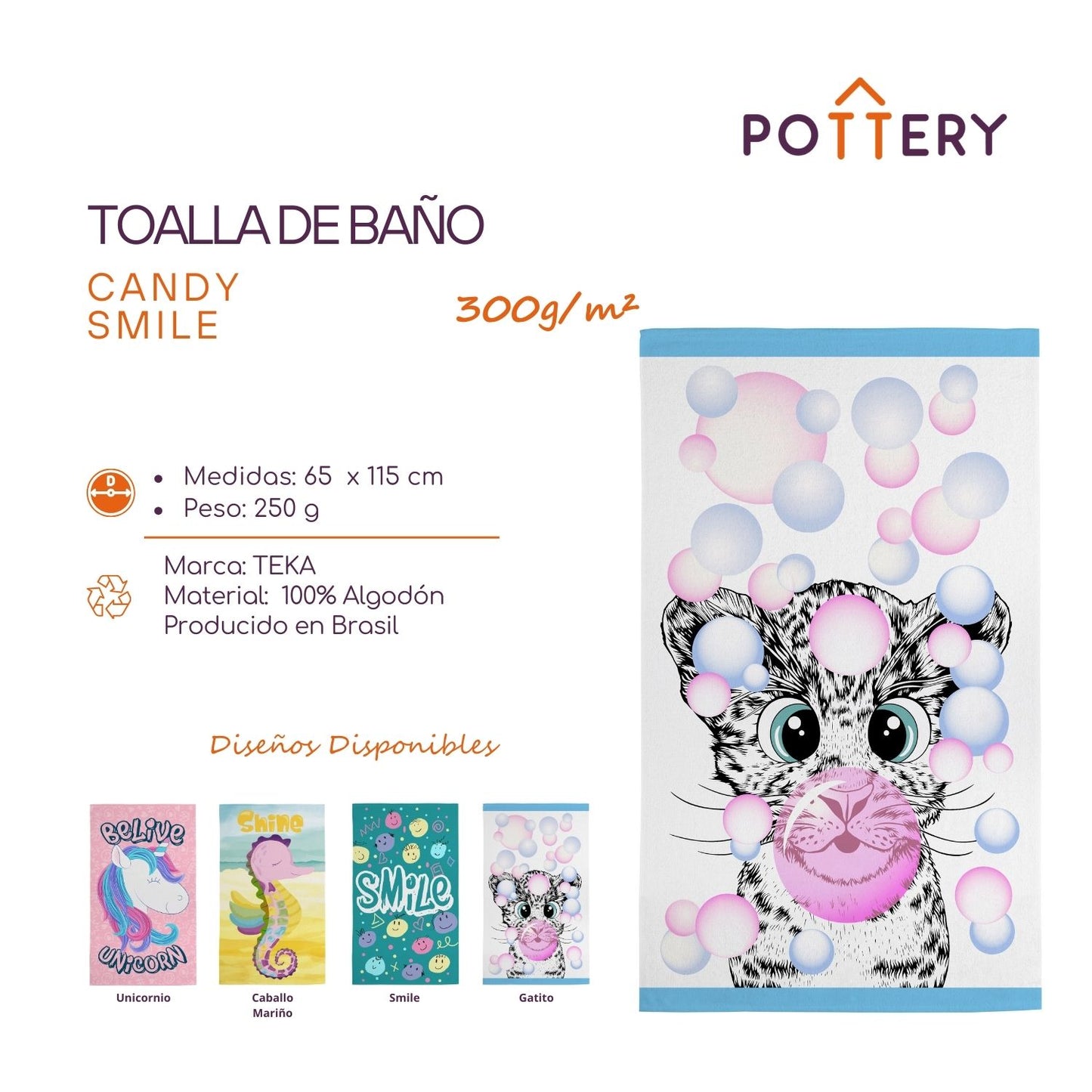 Toalla de Baño Candy Niñas - 65 x 115cm - 300 g/m² -  100% Algodón - Teka